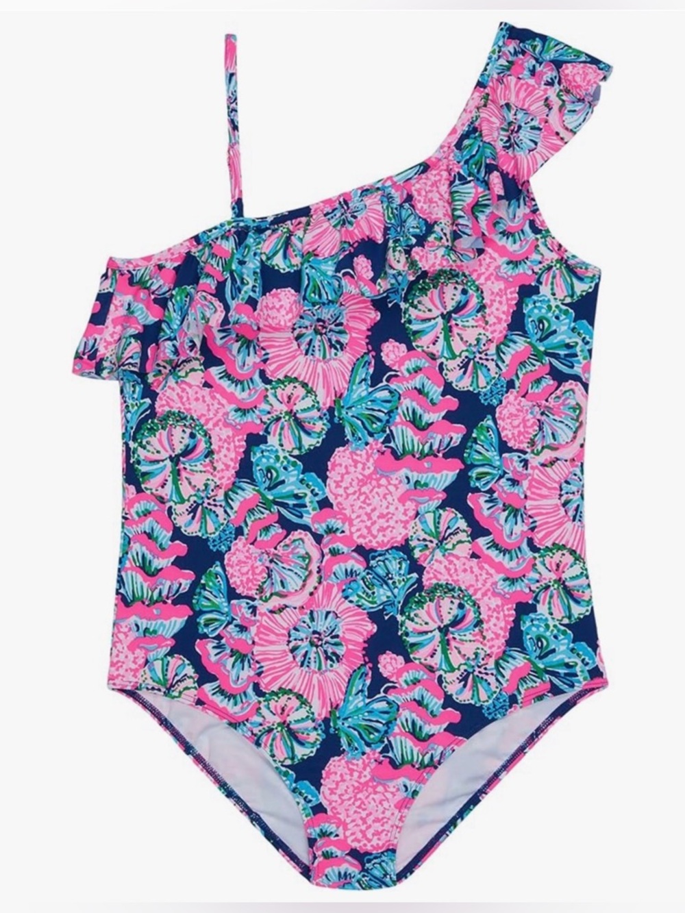 Lilly Pulitzer One-Shoulder Floral Ruffle Swimsuit - Navy, Pink & Aqua